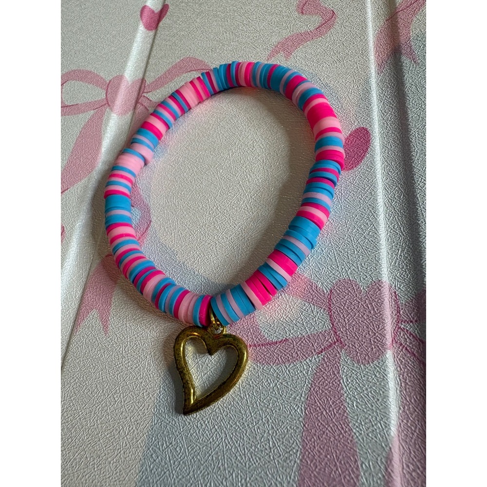 Handmade Pink Blue Heishi Bead Stretch Bracelet Gold Heart Charm Boho Jewelry
